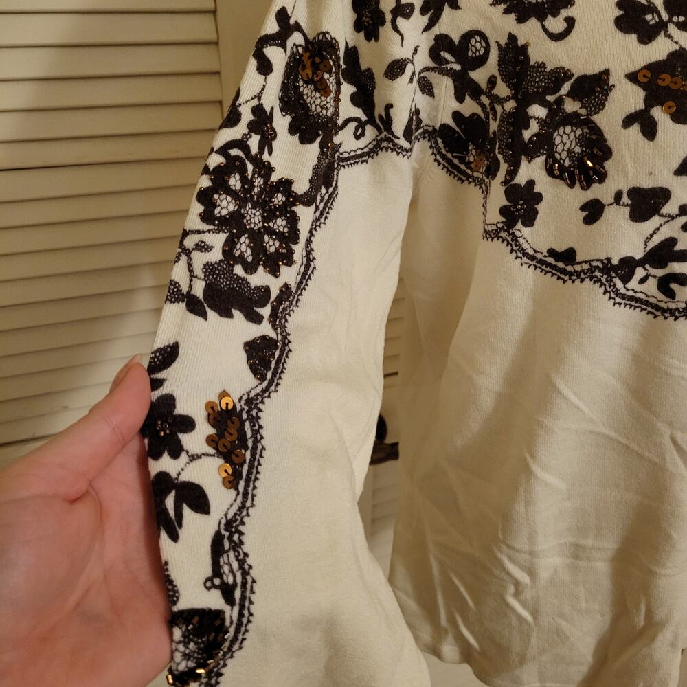 NWT Artistica Beaded Sequin Floral Stretch Long Sleeve Top Ivory Womens Size S - Picture 4 of 9